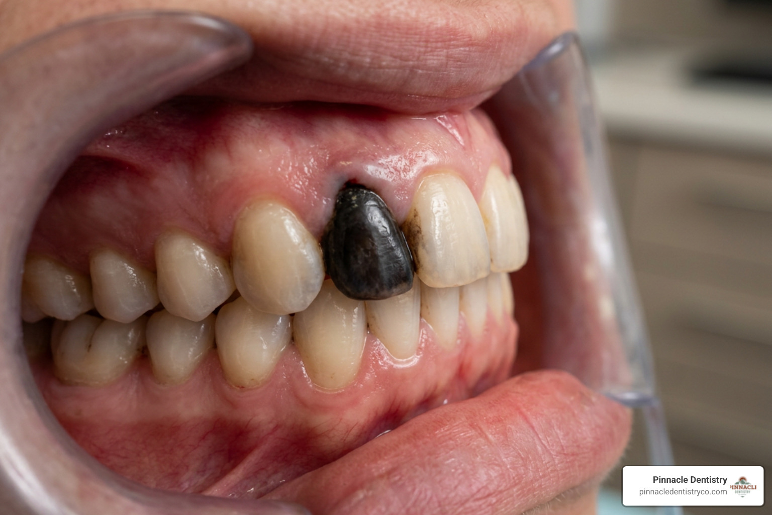 black tooth discoloration close-up professional dental photo