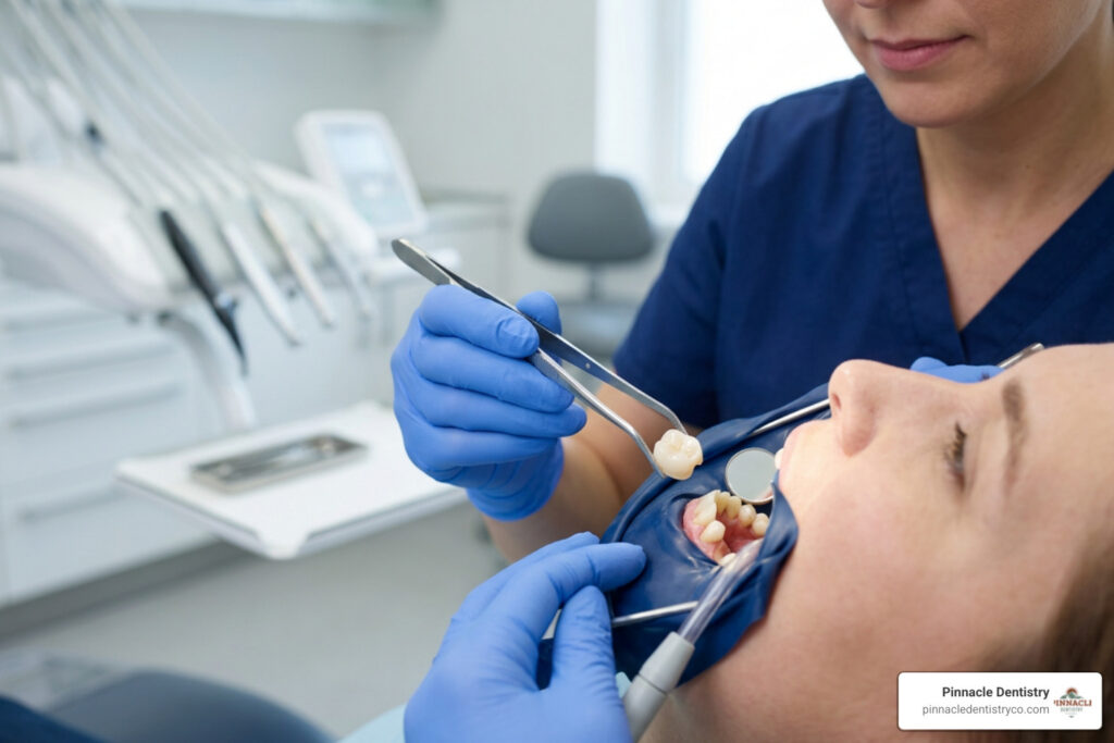 dental crown being placed over a prepared tooth
