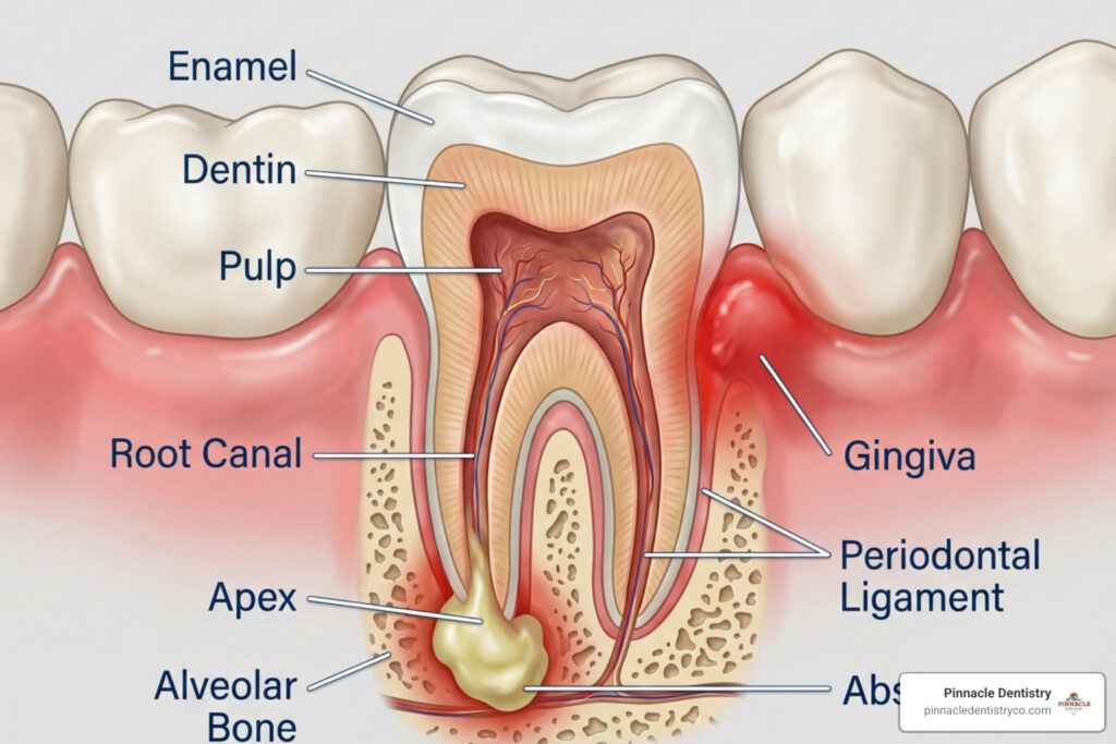 Diagram of a dental abscess showing infection deep inside the tooth root and surrounding gum tissue