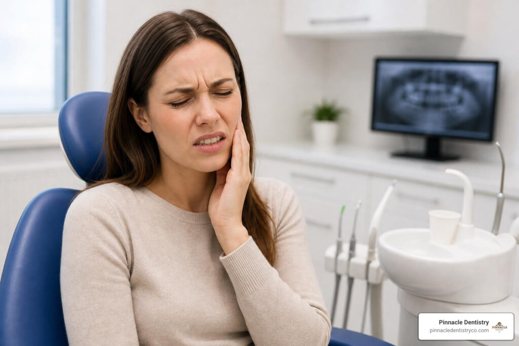 person holding jaw in pain with visible discomfort, photorealistic clinical setting
