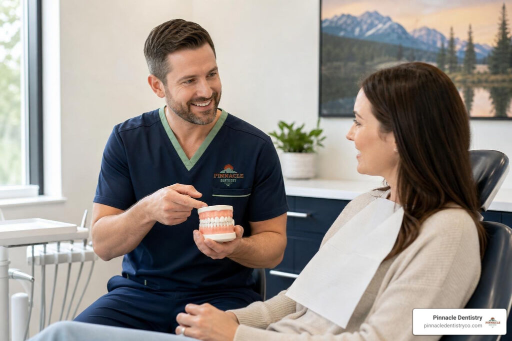 dentist discussing alternatives to dental crowns with an adult patient