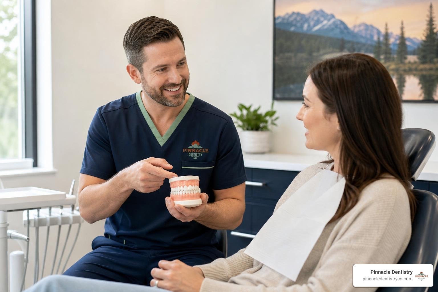 dentist discussing alternatives to dental crowns with an adult patient